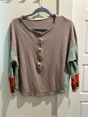 In Bloom Taupe Ribbed Henley Top